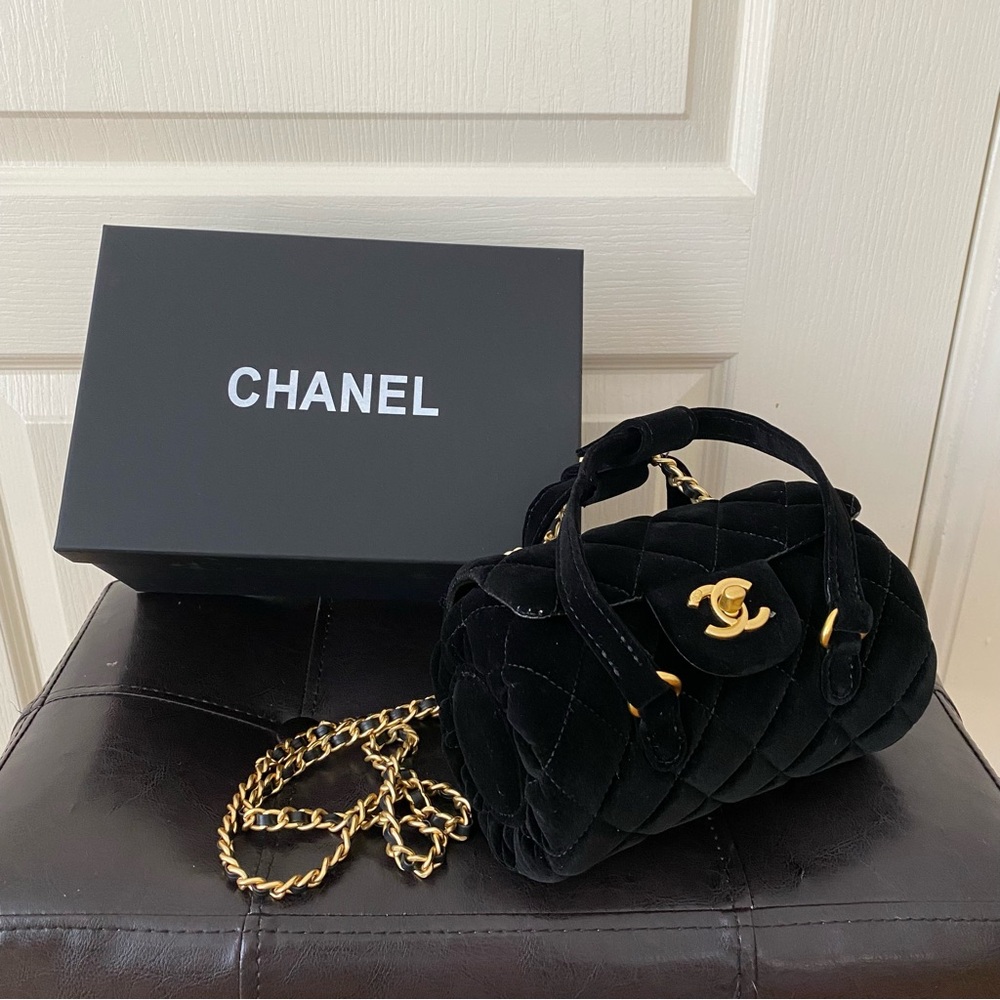 Brand New Chanel Made in Italy GWP Black Quilted Velvet Bowling Crossbody Bag